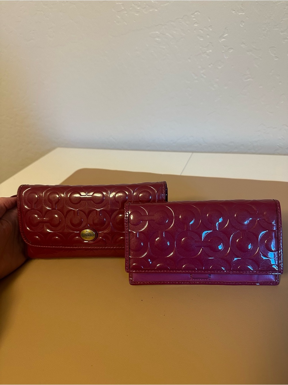 Authentic Coach Glossy Fuchsia Patent Signature Wallet and Check Holder